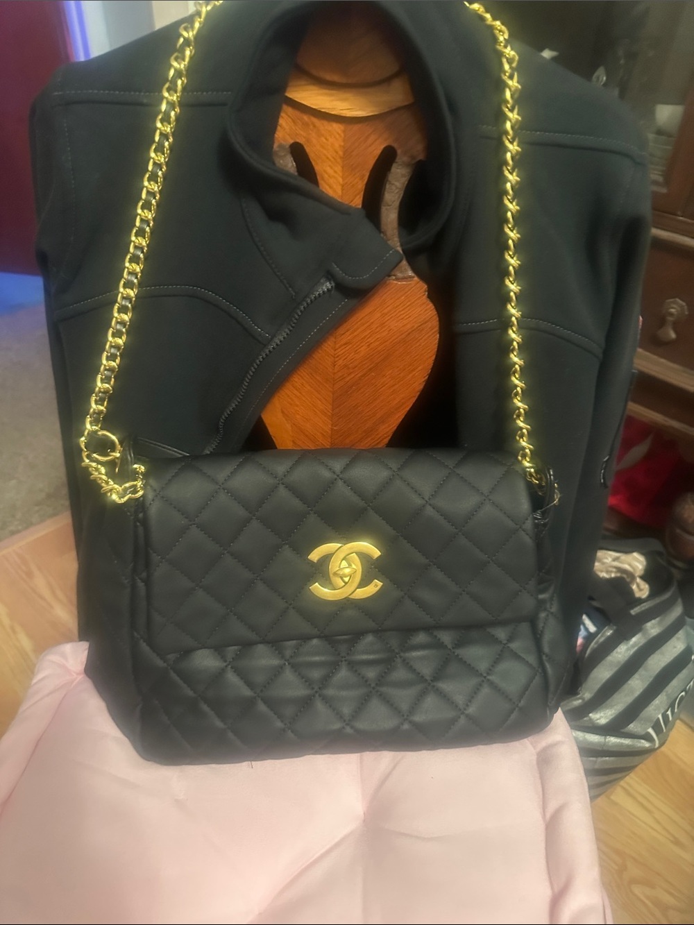 Black Quilted Shoulder Bag with Gold Chain